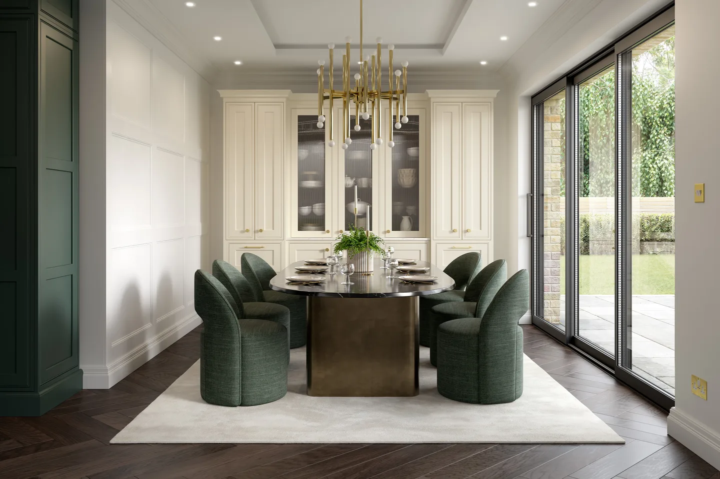 Parchment In Frame dining room cabinetry with glazed dresser