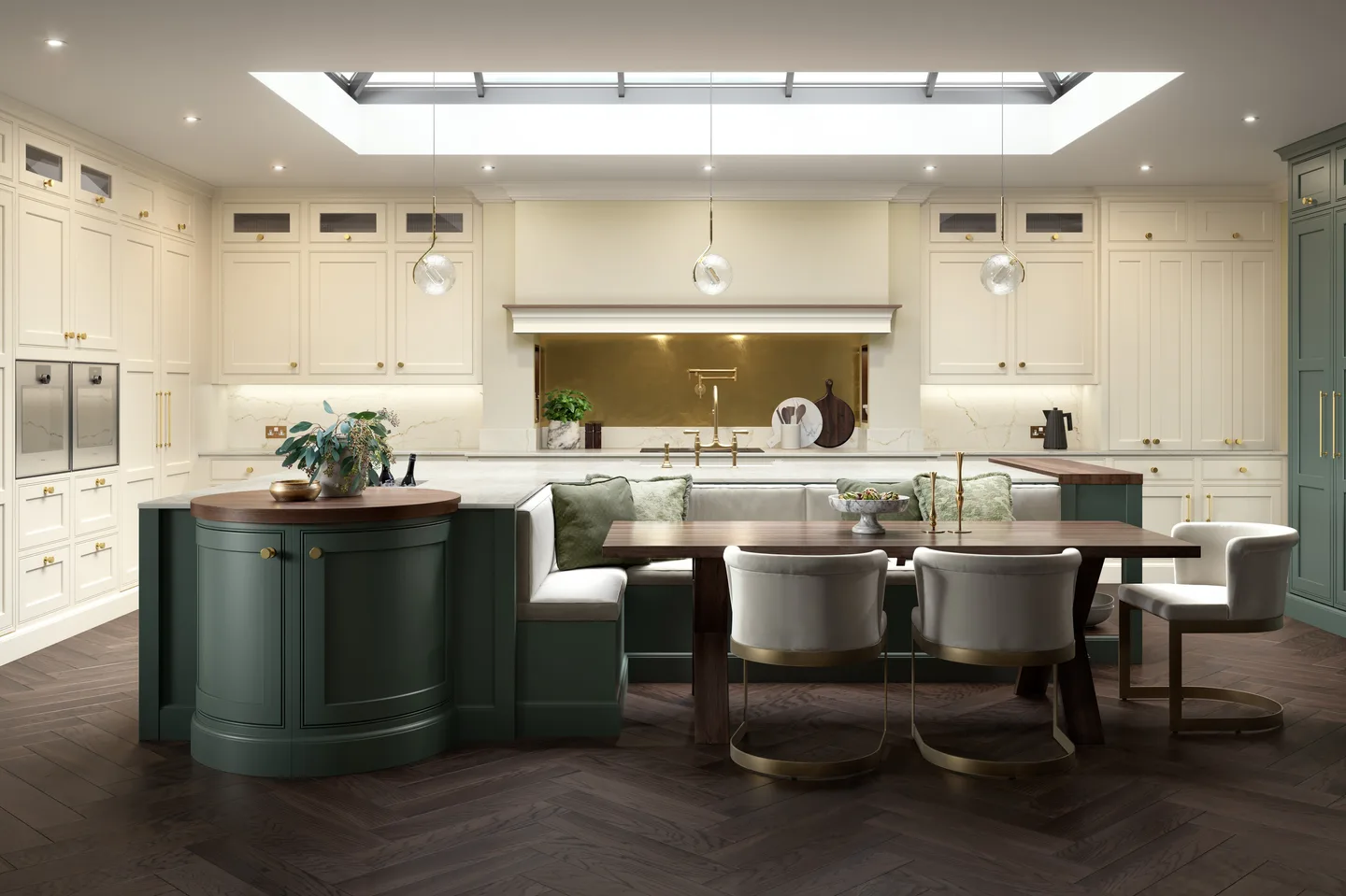 Parchment and Enchanted In Frame kitchen with banquette seating