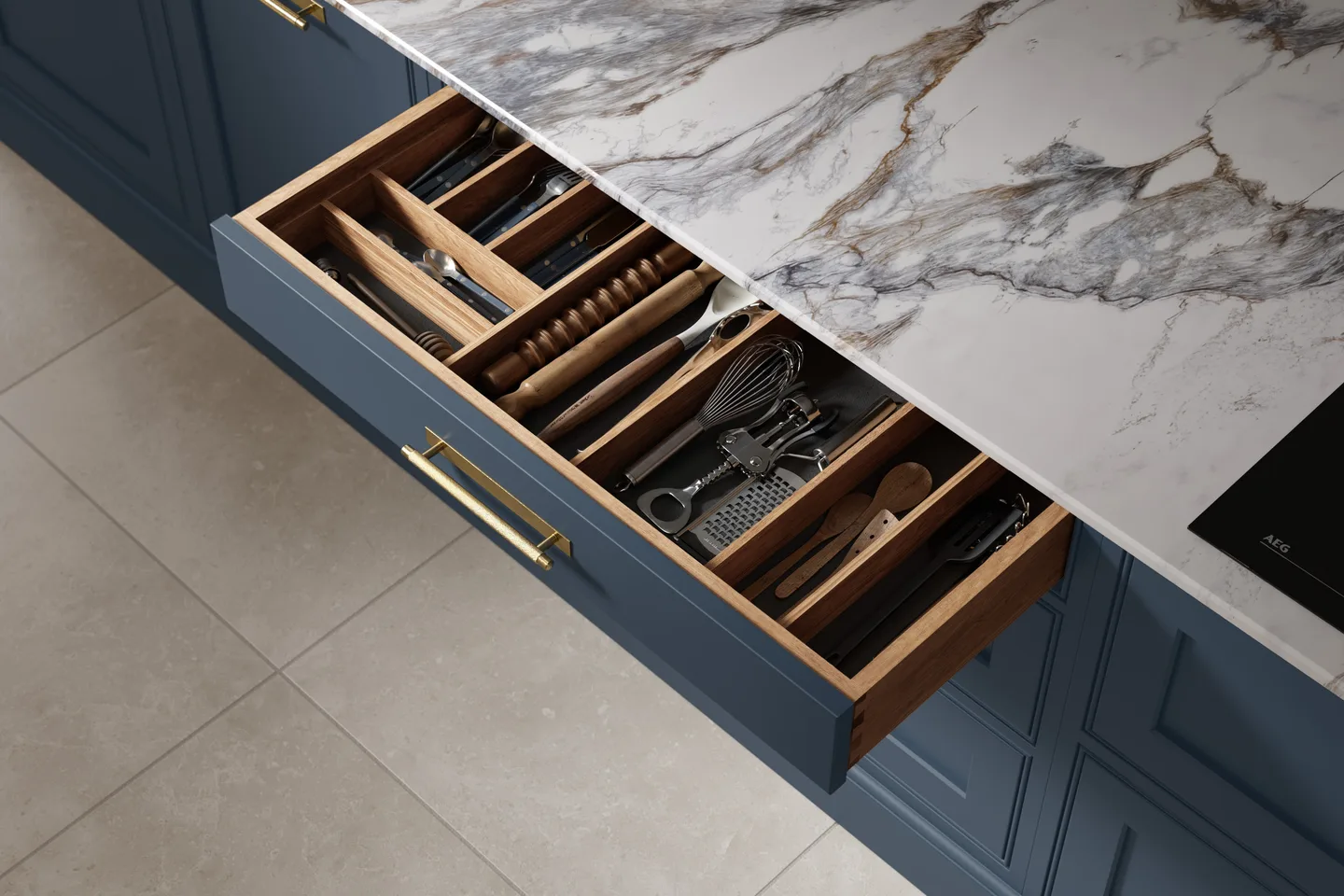 Cobalt In Frame drawer with timber cutlery insert